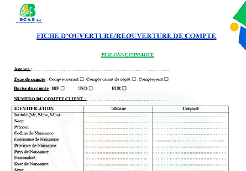 OUVERTURE/REOUVERTURE DE COMPTE POUR UNE  PHYSIQUE